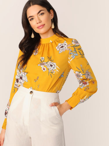 Mock-neck Floral Print Keyhole Back Blouse