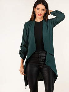 Open Front Roll Tab Sleeve Dip Hem Coat