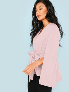 Surplice Neck Tie Waist Cape Coat