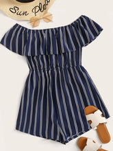 Load image into Gallery viewer, Off Shoulder Flounce Trim Striped Romper