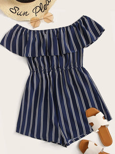 Off Shoulder Flounce Trim Striped Romper