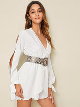 Load image into Gallery viewer, Surplice Neck Tie Cuff Snakeskin Print Belted Romper