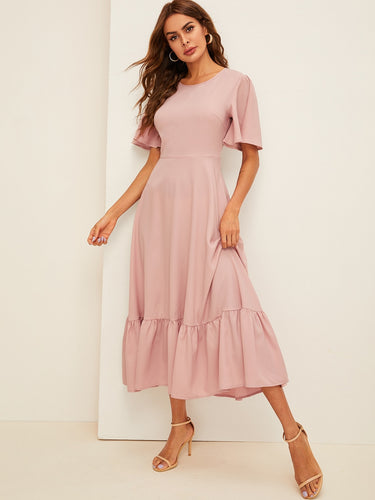 Bell Sleeve Ruffle Hem Solid Dress