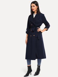 Rolled Tab Sleeve Double Breasted Longline Trench Coat