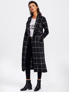 Drape Collar Grid Longline Coat