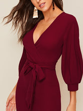 Load image into Gallery viewer, Self Belted Split Hem Surplice Wrap Dress