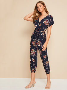 Self Belted Slant Pocket Floral Print Jumpsuit