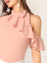 Load image into Gallery viewer, Tie Neck Cold Shoulder Ruffle Trim Top