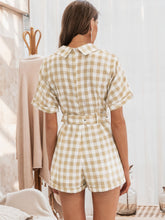 Load image into Gallery viewer, Simplee Adjustable Belted Gingham Cuffed Blazer Romper