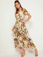 Load image into Gallery viewer, Botanical Print Shirred Waist Button Front Dress