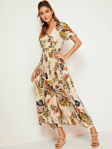 Botanical Print Shirred Waist Button Front Dress