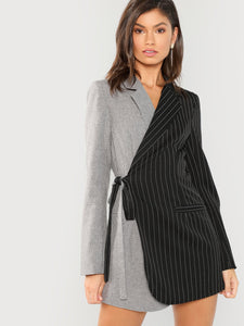 Colorblock Tie Waist Surplice Wrap Blazer