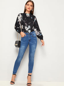 Mock-neck Floral Print Keyhole Back Blouse