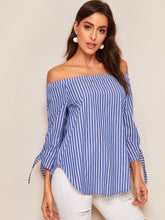 Load image into Gallery viewer, Off Shoulder Knotted Striped Top