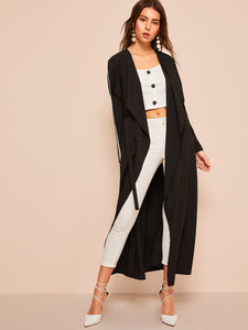 Waterfall Collar Drawstring Waist Longline Coat