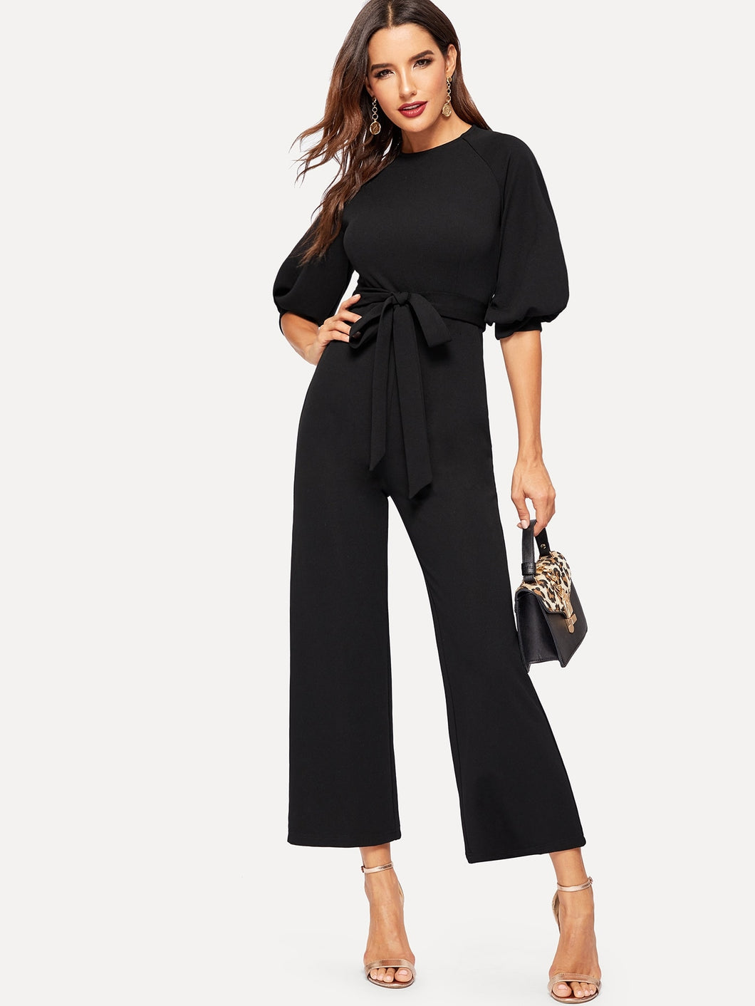 Balloon Sleeve Solid Straight Leg Jumpsuit