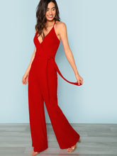 Load image into Gallery viewer, Tie Waist Crisscross Back Surplice Wrap Cami Jumpsuit