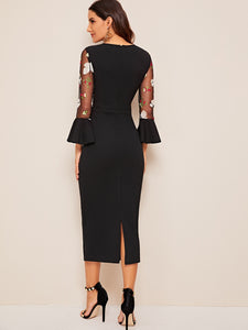 3D Applique Embroidered Mesh Yoke Pencil Dress