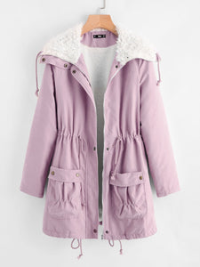 Fleece Lined Pocket Front Drawstring Parka Coat