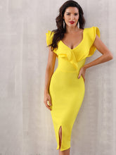 Load image into Gallery viewer, Adyce Zip Back Ruffle Trim Slit Hem Pencil Dress