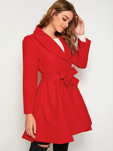 Solid Notched Neck Belted Wrap Hem Coat