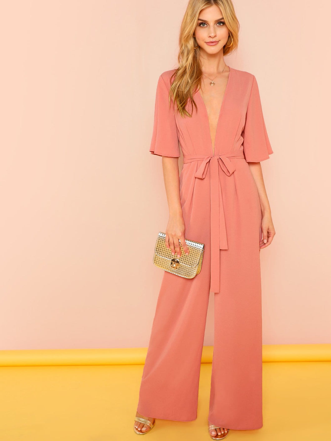 Trumpet Sleeve Plunging Neck Belted Jumpsuit