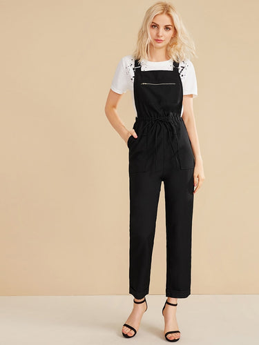 Zipper Front Drawstring Waist Solid Overalls