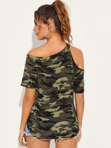 Asymmetrical Neck Camo Print Top