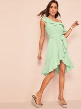 Load image into Gallery viewer, Asymmetric Shoulder Flounce Surplice Dress With Belt