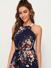 Load image into Gallery viewer, Floral Print Tie Back Belted Maxi Dress