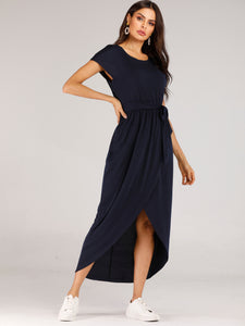 Belted Tulip Hem Solid Wrap Dress