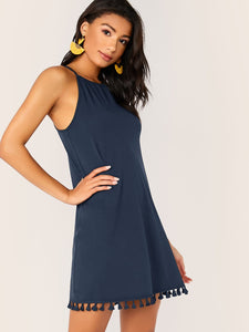 Solid Tassel Hem Tie Back Halter Dress