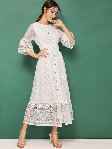 Bell Sleeve Button Detail Lace Dress