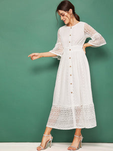 Bell Sleeve Button Detail Lace Dress