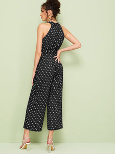 Polka Dot Belted Wide Leg Halter Jumpsuit