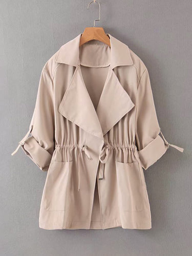 Dual Pocket Roll Up Sleeve Drawstring Trench Coat