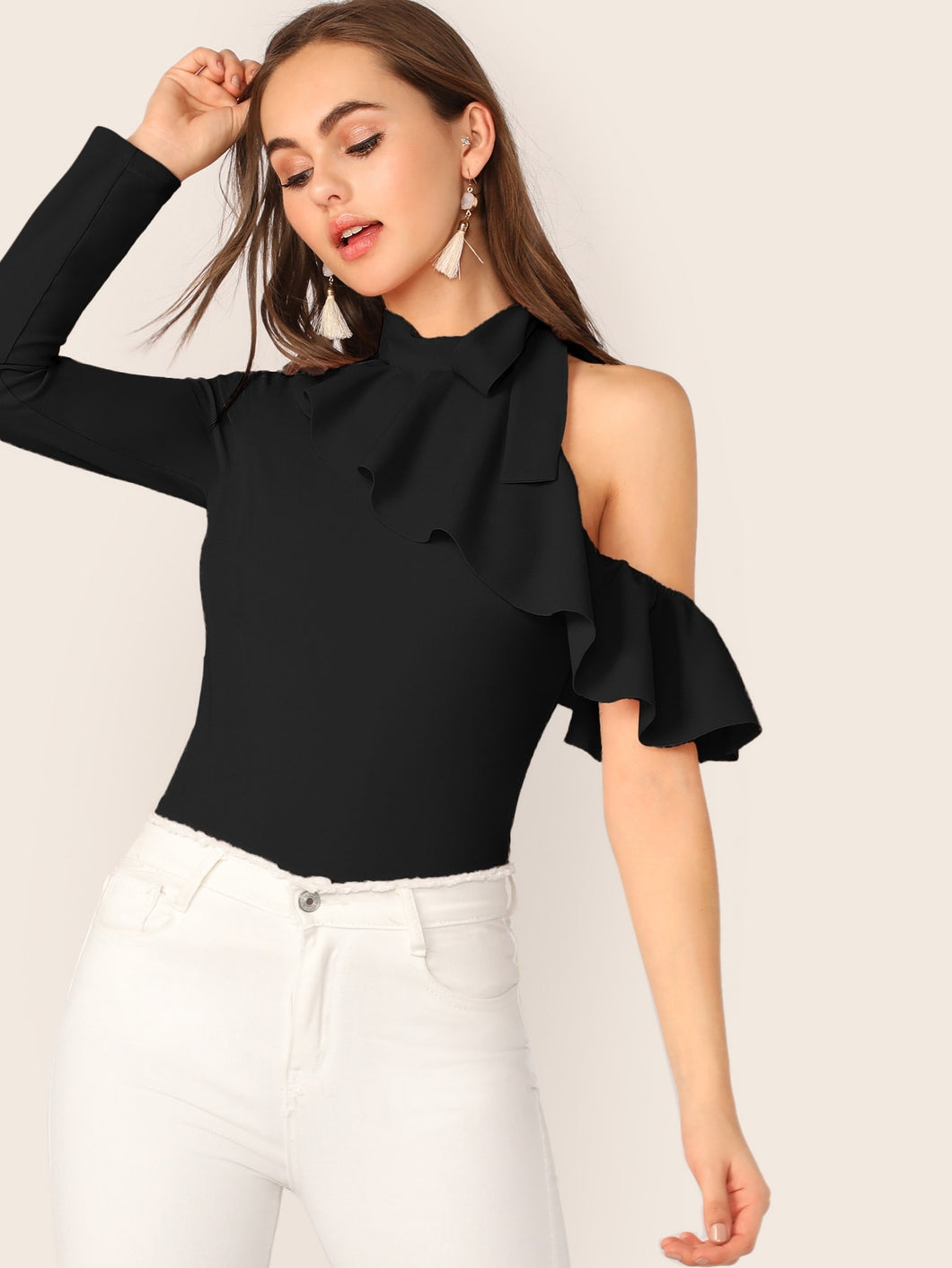 Tie Neck Cold Shoulder Ruffle Trim Top