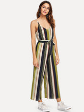 Load image into Gallery viewer, V Neckline Tie Side Striped Jumpsuit