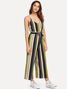 V Neckline Tie Side Striped Jumpsuit