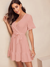 Load image into Gallery viewer, Surplice Wrap Belted Ruffle Hem Dress