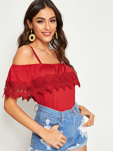 Cold Shoulder Guipure Lace Trim Top