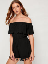 Load image into Gallery viewer, Tassel Detail Hem Ruffle Trim Bardot Romper