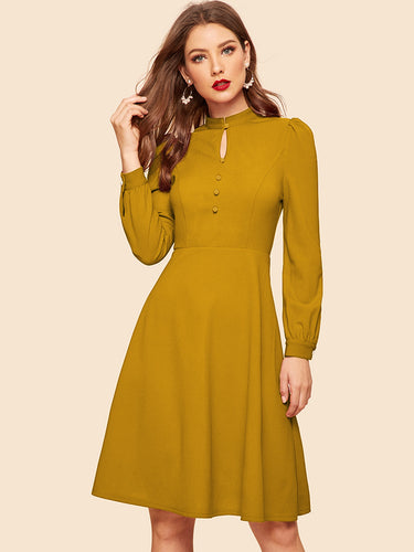 Keyhole Neck Covered Button Detail Dress