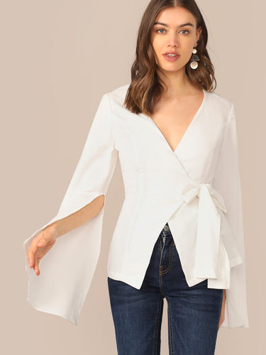 Bell Split Sleeve Surplice Neck Knot Blazer