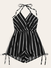 Load image into Gallery viewer, Surplice Striped Drawstring Side Halter Playsuit