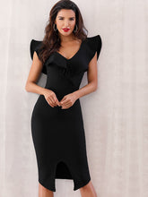 Load image into Gallery viewer, Adyce Zip Back Ruffle Trim Slit Hem Pencil Dress