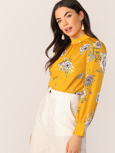 Mock-neck Floral Print Keyhole Back Blouse