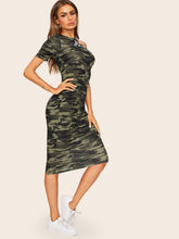 Load image into Gallery viewer, Asymmetrical Shoulder Letter Tape Camo Dress