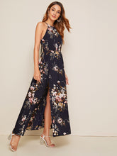 Load image into Gallery viewer, Botanical Print Tie Back High Split Halter Dress