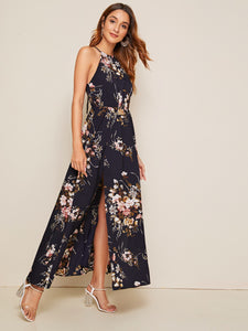 Botanical Print Tie Back High Split Halter Dress